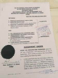 BREAKING: Court Bars APC Candidates From Bayelsa Governorship Elections  