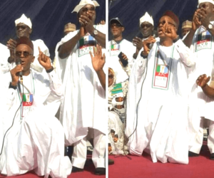 [VIDEO] El-Rufai Kneels, Begs Kogi Voters To Forgive Yahaya Bello  