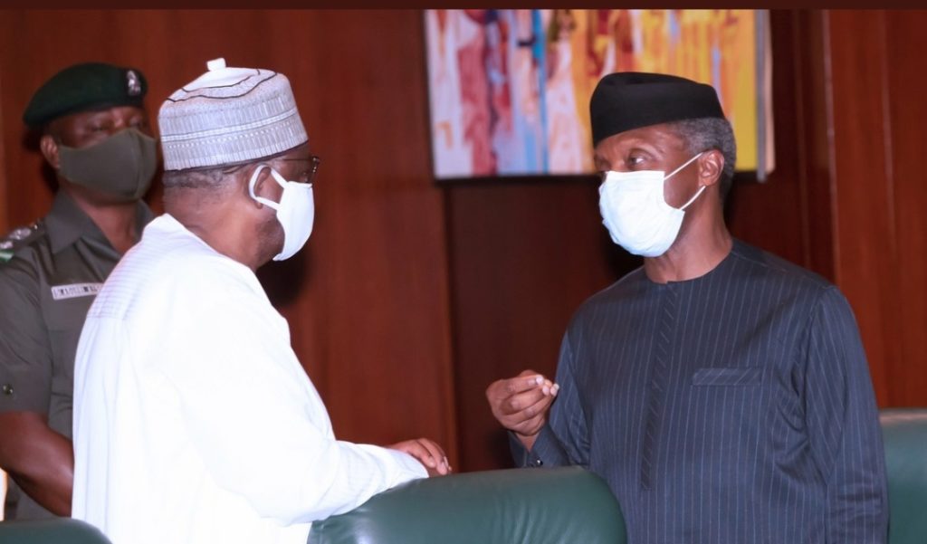 President Buhari Pictured With VP Osinbajo As They Hold Virtual Meeting With PEAC  