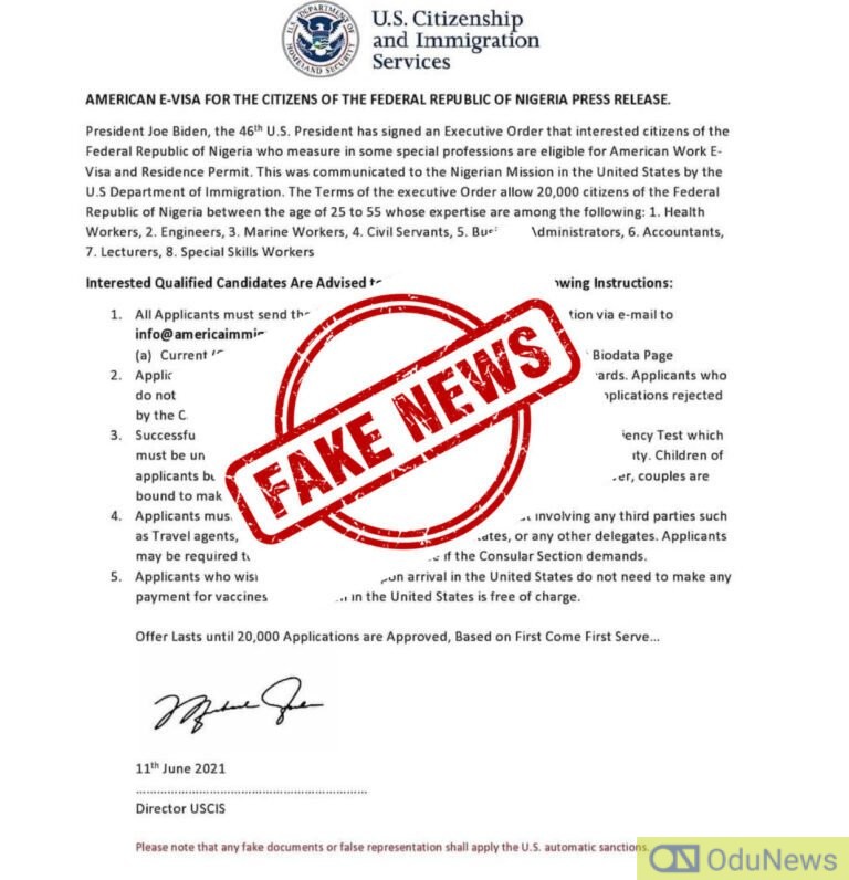 Viral Circular Of US Offering Nigerians Work Visa Is Fake